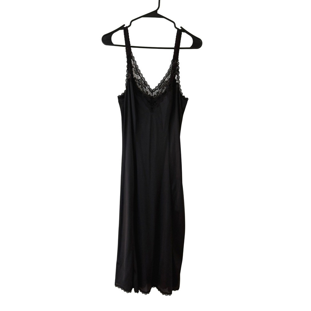Vintage Maidenform Black Lace Trim Full Slip Dress M USA Union Made Nylon